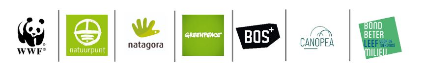 Logos de la Coalition Climat : WWF Belgique, Natuurpunt, Natagora, Greenpeace Belgium, Bos +, Canopea, BondBeterMilieu