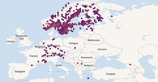 Répartition connue du chrysotoxe des montagnes (source : www.gbif.org)