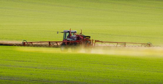 Un tracteur pulvérise son champ