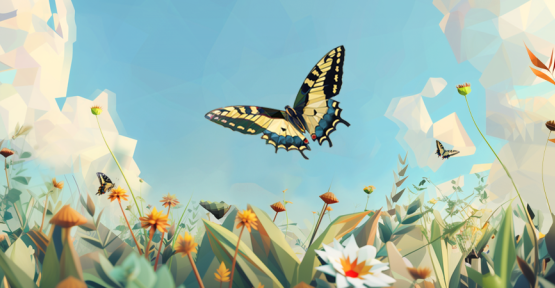 Illustration d'un machaon en vol dans une prairie