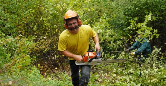 Homme souriant avec une tronçonneuse dans la forêt