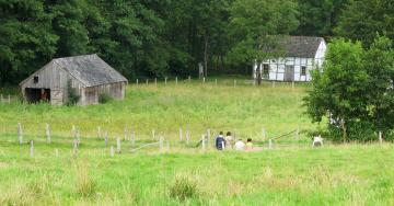 Paysage prairies promeneurs maisons anciennes